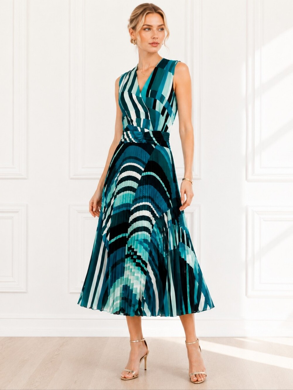 Maison Tara Pleated Faux Wrap Midi Dress | Blue Teal Abstract Print | Size 8 - Picture 2 of 9